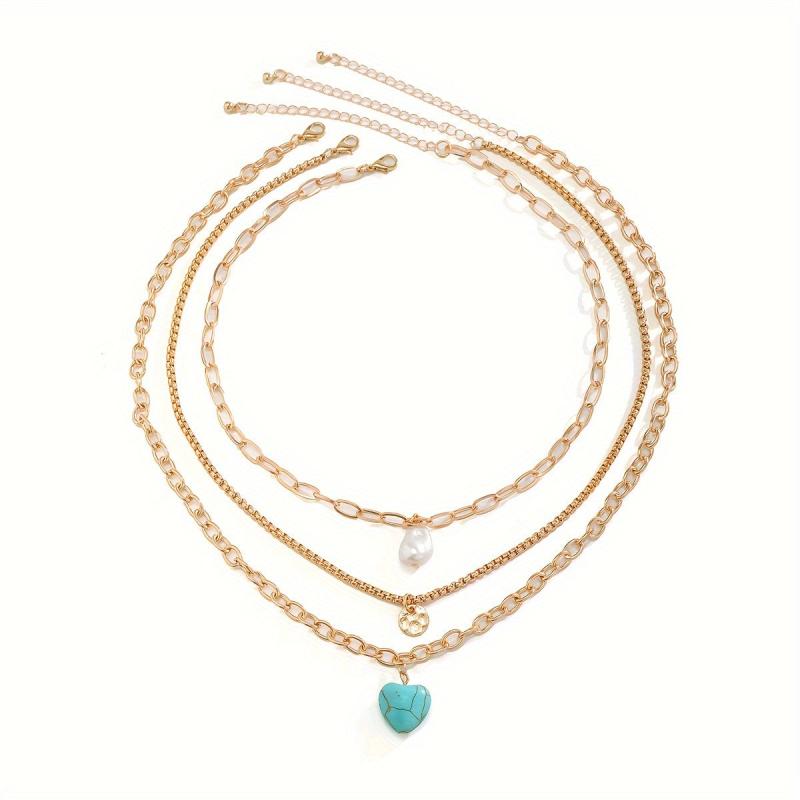 Vintage Style Necklace Set with Faux Pearl & Turquoise Heart Pendants