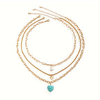 Vintage Style Necklace Set with Faux Pearl & Turquoise Heart Pendants