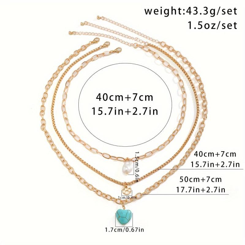 Vintage Style Necklace Set with Faux Pearl & Turquoise Heart Pendants