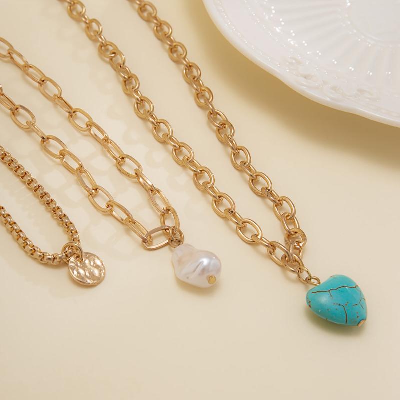 Vintage Style Necklace Set with Faux Pearl & Turquoise Heart Pendants
