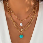 Vintage Style Necklace Set with Faux Pearl & Turquoise Heart Pendants
