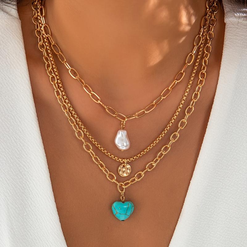 Vintage Style Necklace Set with Faux Pearl & Turquoise Heart Pendants