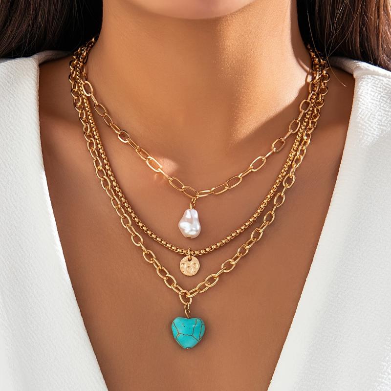 Vintage Style Necklace Set with Faux Pearl & Turquoise Heart Pendants