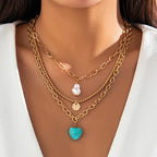 Vintage Style Necklace Set with Faux Pearl & Turquoise Heart Pendants