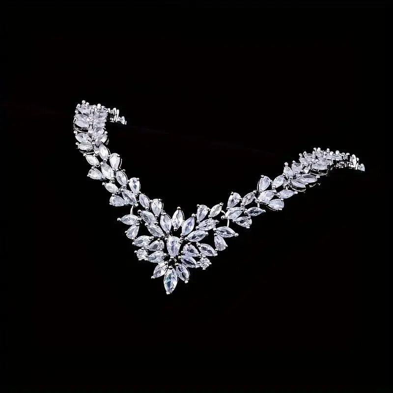 925 Silver Zirconia Floral Earrings Necklace Set for Bridal