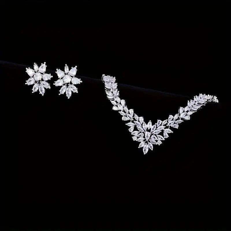 925 Silver Zirconia Floral Earrings Necklace Set for Bridal