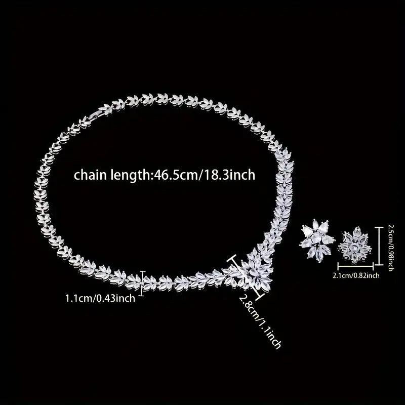 925 Silver Zirconia Floral Earrings Necklace Set for Bridal