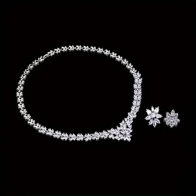 925 Silver Zirconia Floral Earrings Necklace Set for Bridal