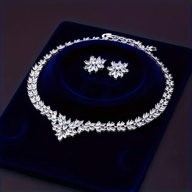 925 Silver Zirconia Floral Earrings Necklace Set for Bridal