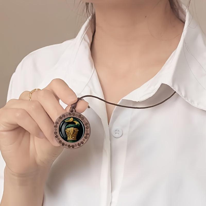 Green & Golden Snake & Column Wooden Pendant Necklace Vintage Boho Style