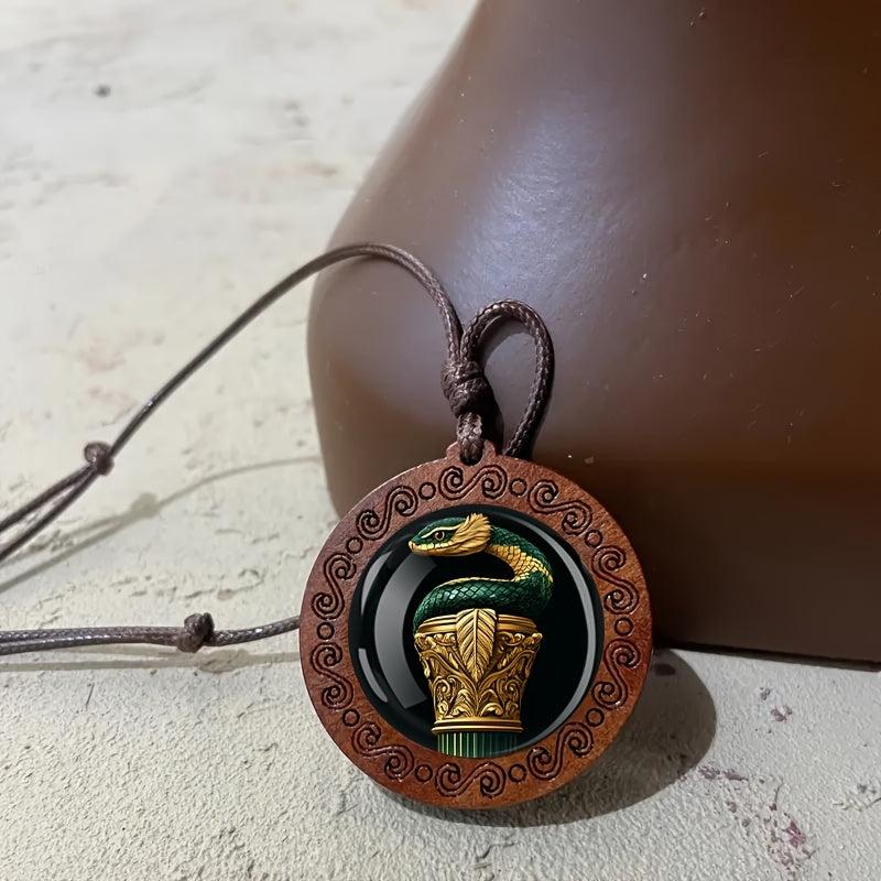 Green & Golden Snake & Column Wooden Pendant Necklace Vintage Boho Style
