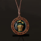 Green & Golden Snake & Column Wooden Pendant Necklace Vintage Boho Style