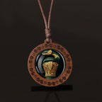 Green & Golden Snake & Column Wooden Pendant Necklace Vintage Boho Style