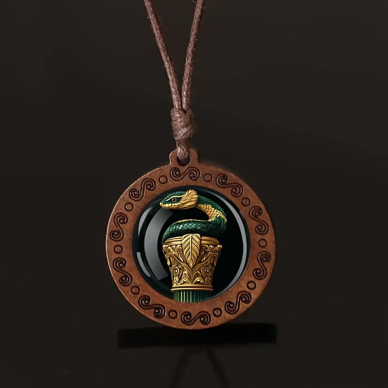 Green & Golden Snake & Column Wooden Pendant Necklace Vintage Boho Style