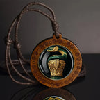 Green & Golden Snake & Column Wooden Pendant Necklace Vintage Boho Style