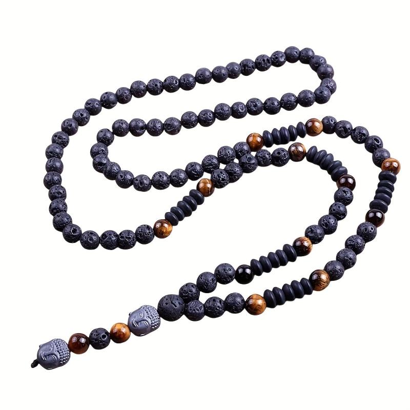 Tiger Eye Beaded Necklace with Buddha Head Pendant