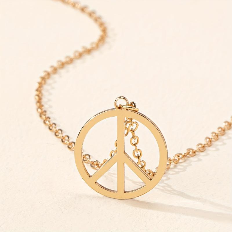 Vintage Peace Symbol Pendant Necklace Golden Tone Delicate Chain