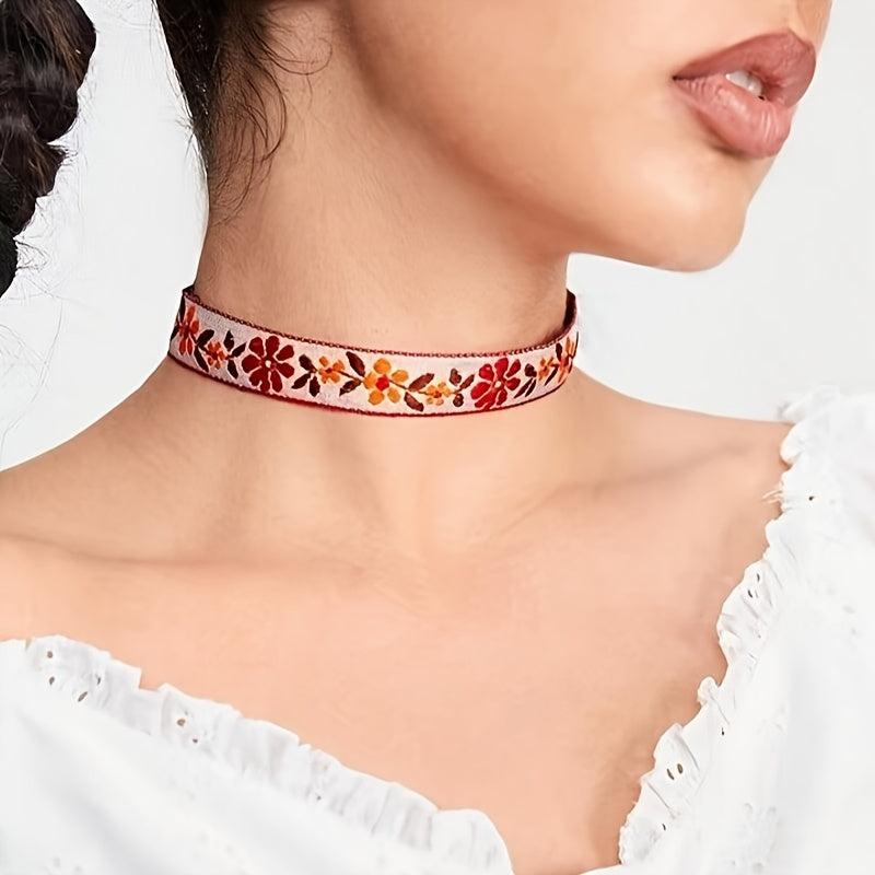 Bohemian Floral Choker Necklace Red Orange Yellow
