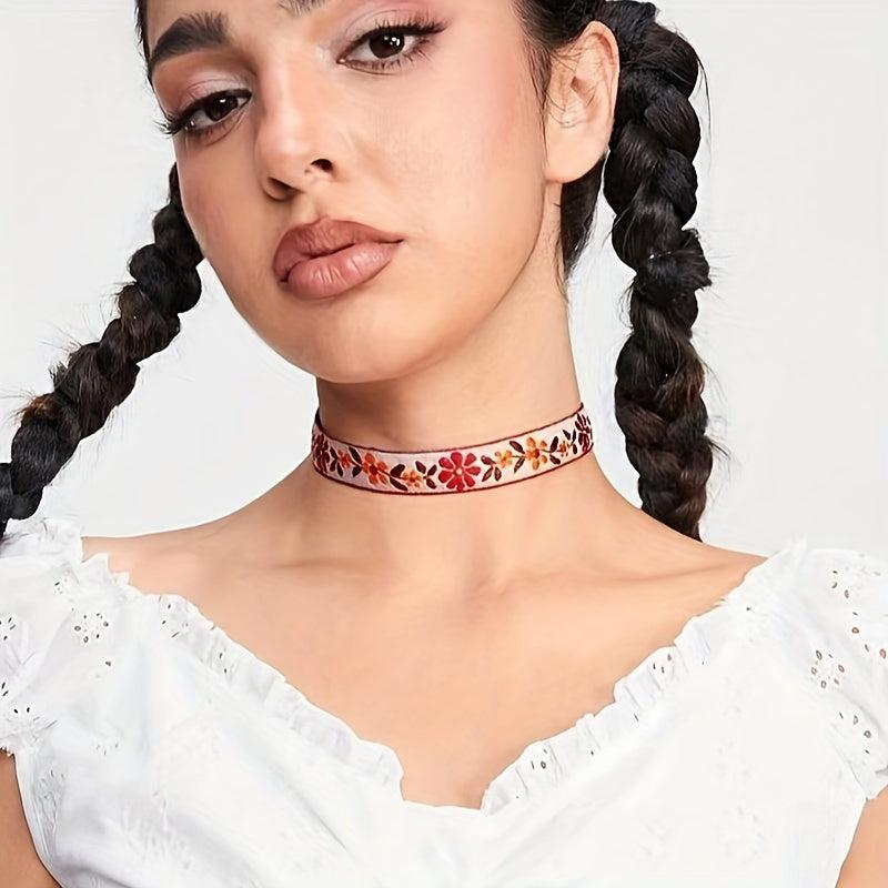 Bohemian Floral Choker Necklace Red Orange Yellow
