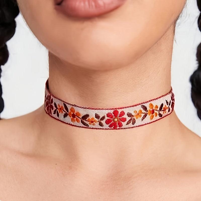 Bohemian Floral Choker Necklace Red Orange Yellow