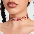 Bohemian Floral Choker Necklace Red Orange Yellow