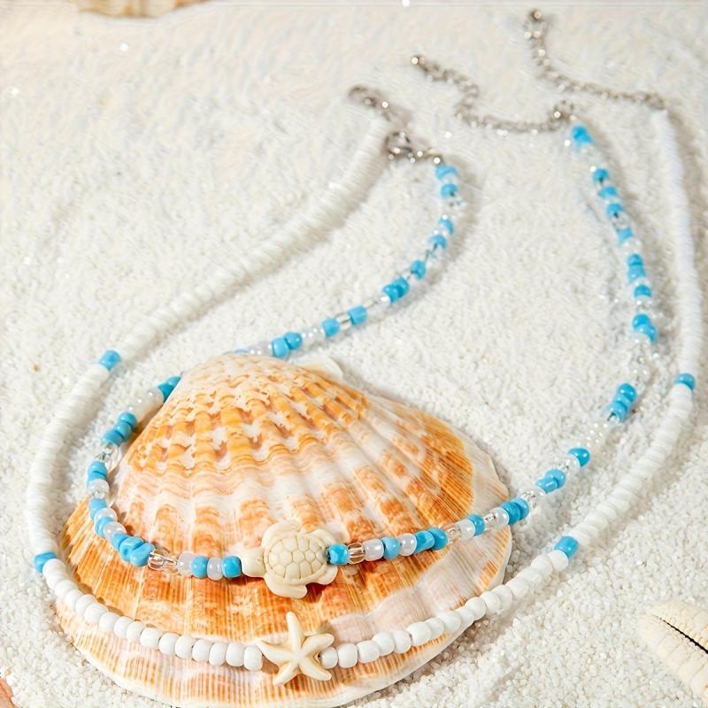 Boho Beaded Necklace Set with Turtle & Starfish Pendants, Light & Resin Beads