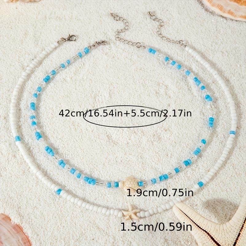 Boho Beaded Necklace Set with Turtle & Starfish Pendants, Light & Resin Beads