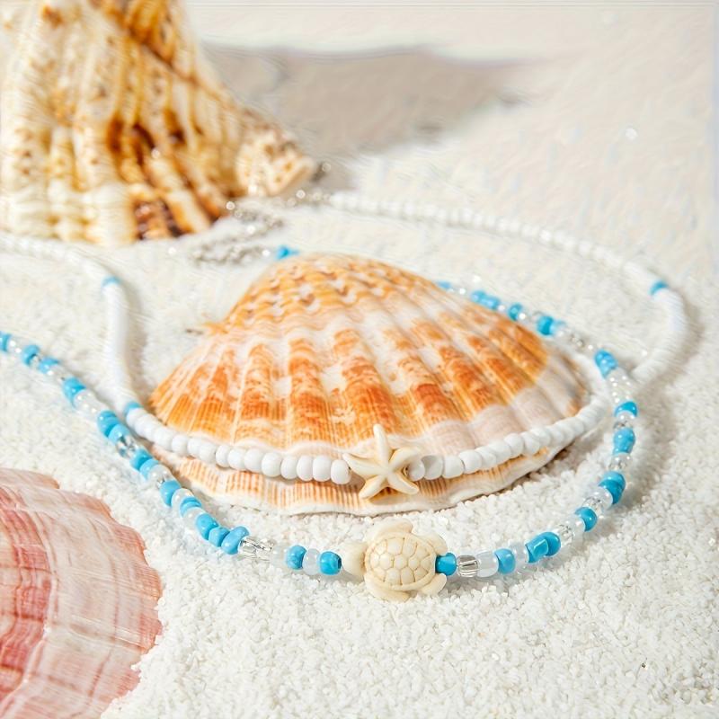 Boho Beaded Necklace Set with Turtle & Starfish Pendants, Light & Resin Beads