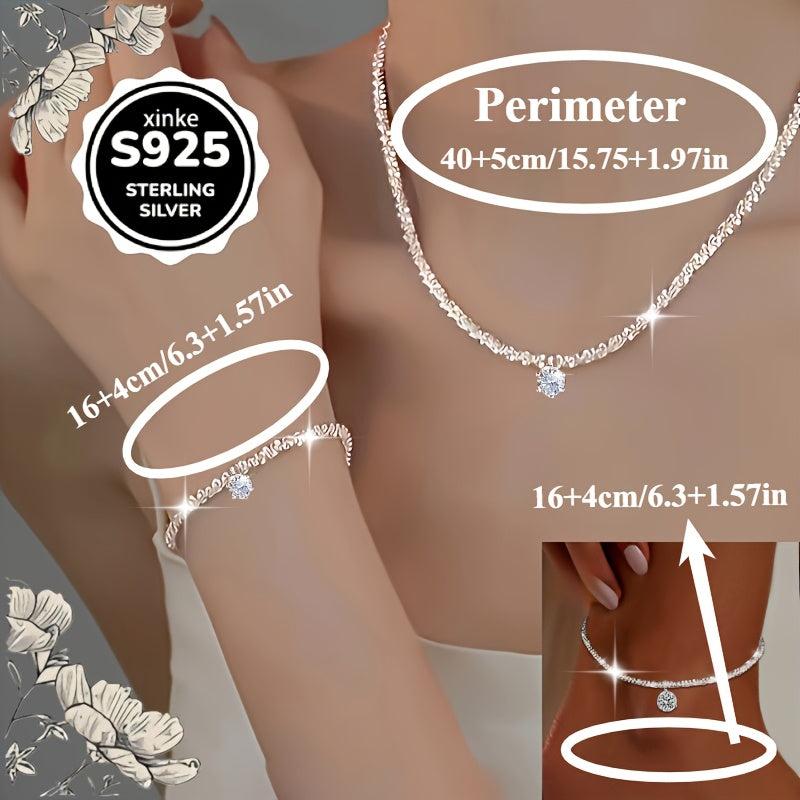 925 Sterling Silver Synthetic Zirconia Necklace Bracelet & Anklet Set