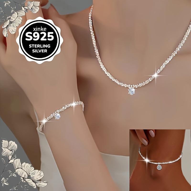 925 Sterling Silver Synthetic Zirconia Necklace Bracelet & Anklet Set