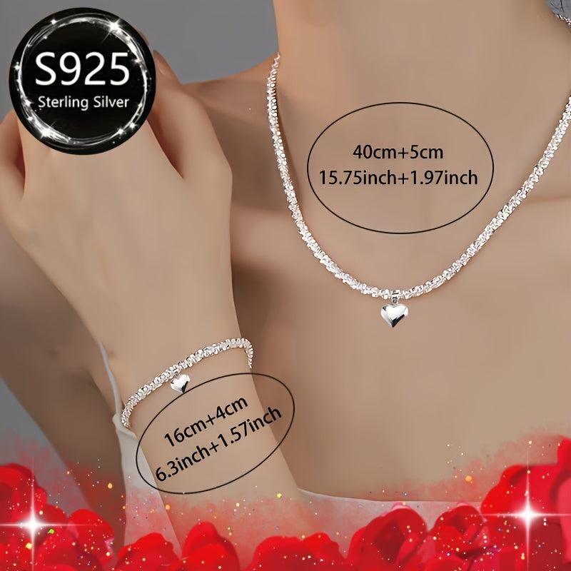 2pcs 925 Sterling Daisy Heart Necklace & Bracelet Set Gift for Mom's Year Round