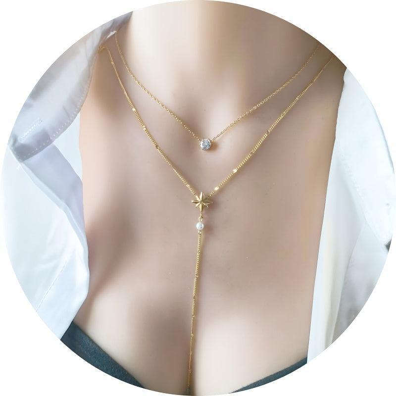 14K Gold Double Layer Star Necklace CZ Stainless Steel Everyday Jewelry