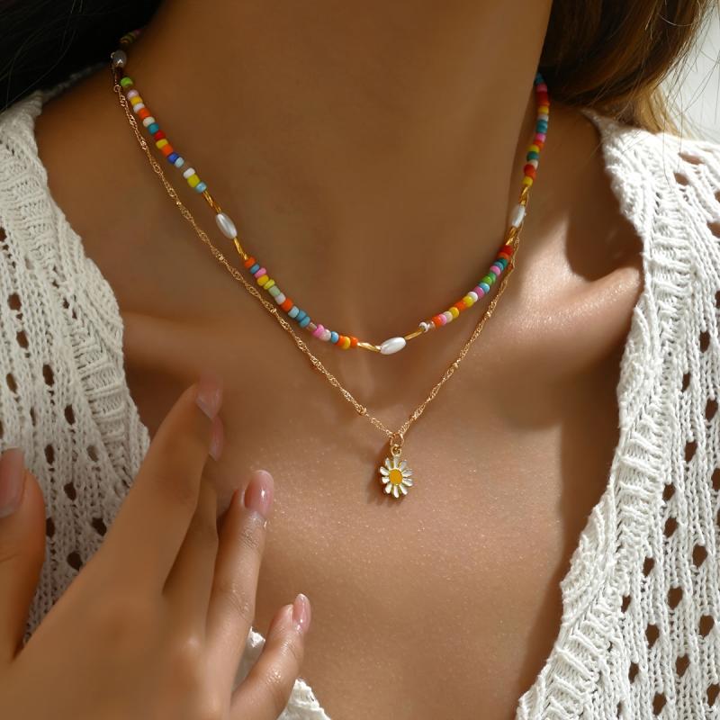 Rice Bead Flower Pendant Necklace with Adjustable Length and Bead Count