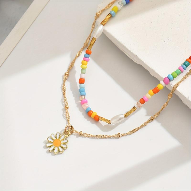 Rice Bead Flower Pendant Necklace with Adjustable Length and Bead Count