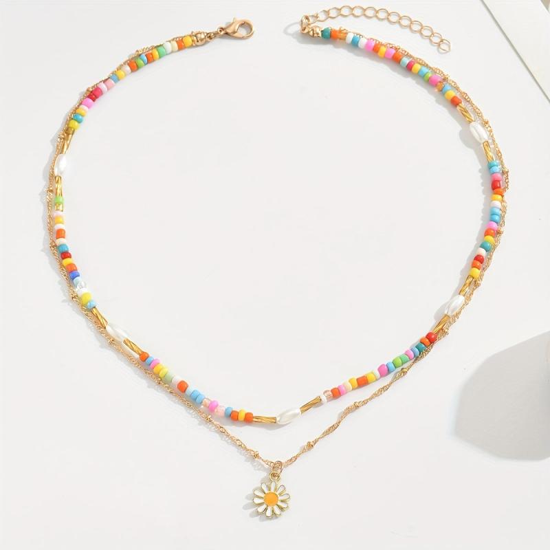 Rice Bead Flower Pendant Necklace with Adjustable Length and Bead Count