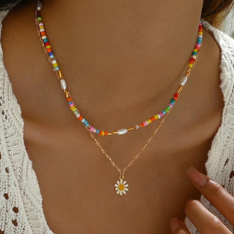 Rice Bead Flower Pendant Necklace with Adjustable Length and Bead Count