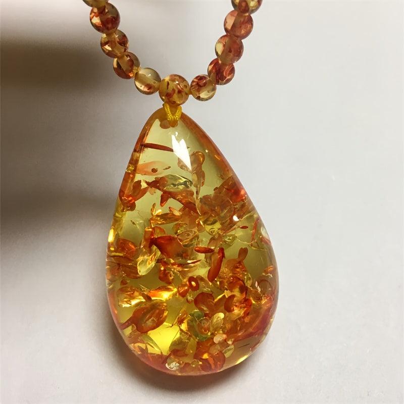 Bohemian Style Amber Pendant Necklace, Calming Stone, Teardrop Shape