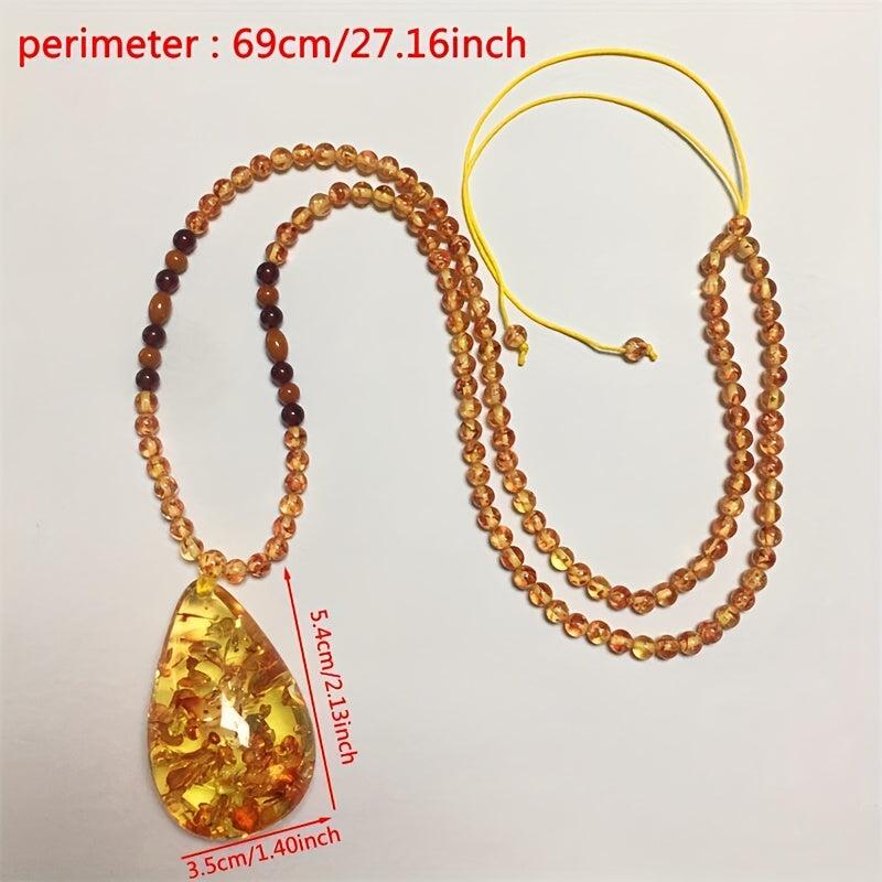 Bohemian Style Amber Pendant Necklace, Calming Stone, Teardrop Shape