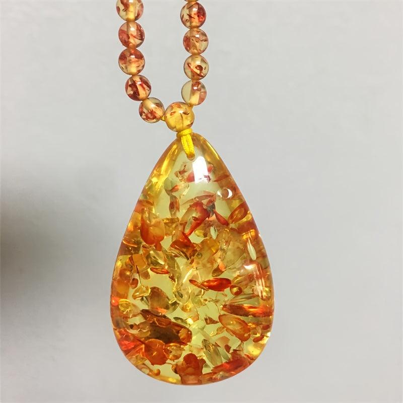 Bohemian Style Amber Pendant Necklace, Calming Stone, Teardrop Shape