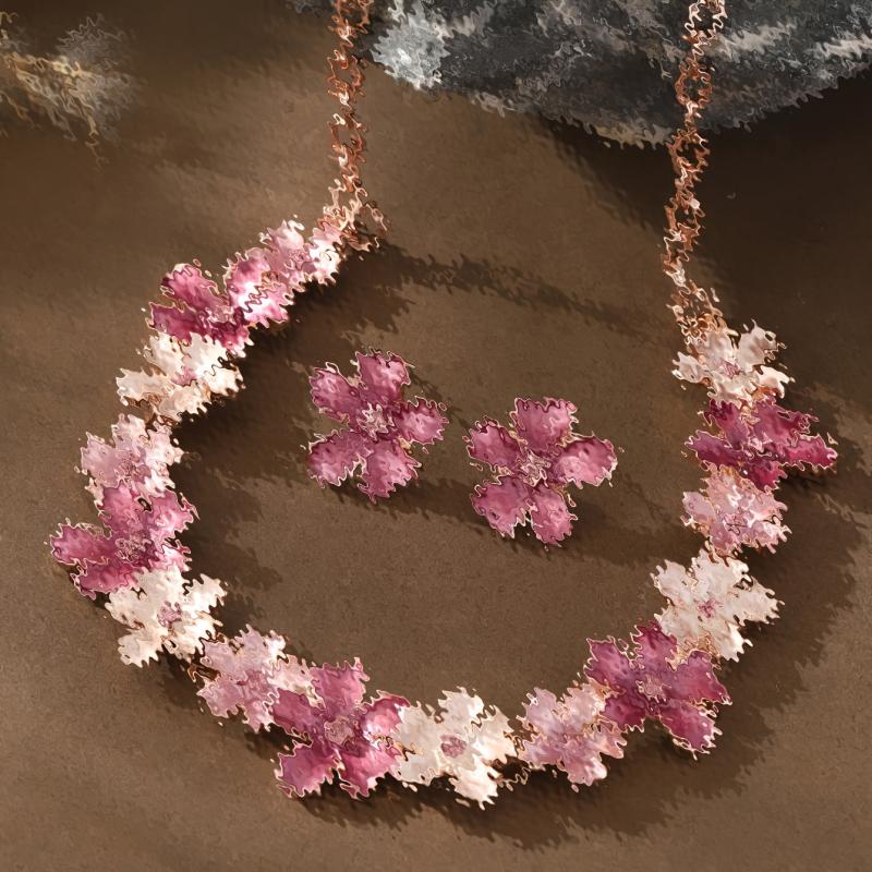Enamel Floral Jewelry Set with Rhinestones
