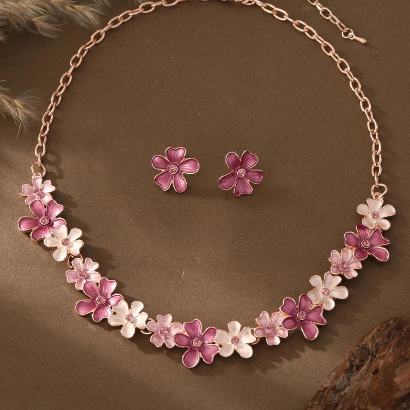 Enamel Floral Jewelry Set with Rhinestones