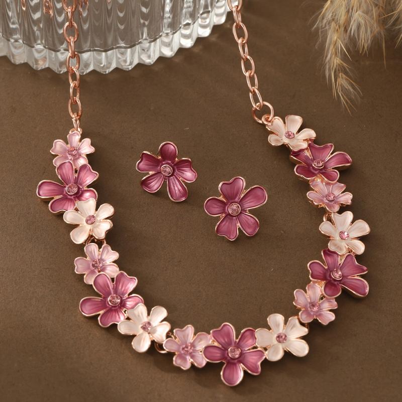 Enamel Floral Jewelry Set with Rhinestones