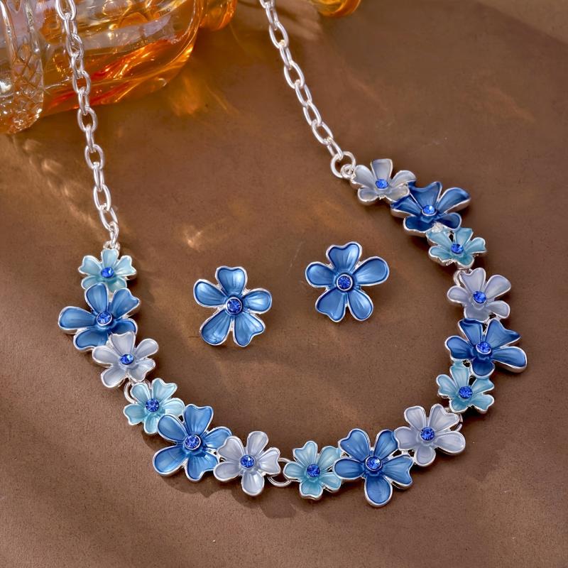 Enamel Floral Jewelry Set with Rhinestones