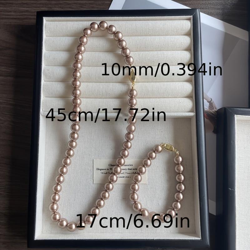 10mm Brown Shell Beads Mosaic Necklace and Bracelet Set Vintage Style Synthetic