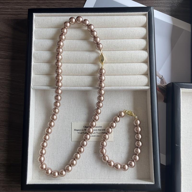 10mm Brown Shell Beads Mosaic Necklace and Bracelet Set Vintage Style Synthetic