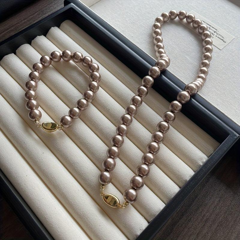 10mm Brown Shell Beads Mosaic Necklace and Bracelet Set Vintage Style Synthetic