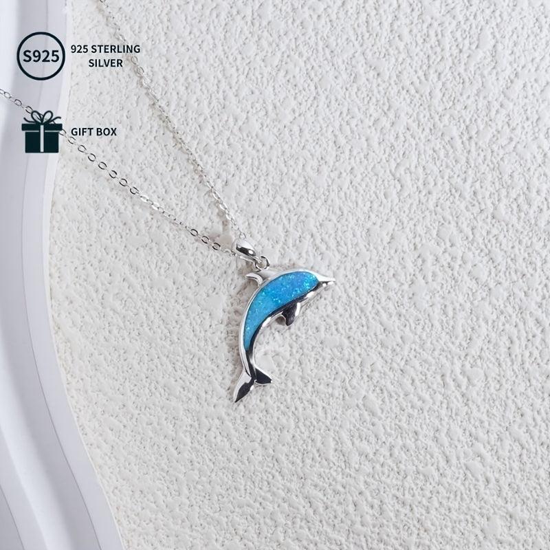 925 Silver Dolphin Pendant Necklace with Opal Chain for Women