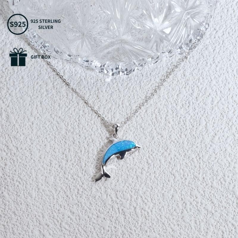 925 Silver Dolphin Pendant Necklace with Opal Chain for Women