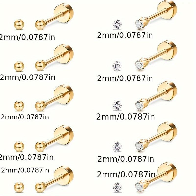 2mm Rhinestone Stud Earrings Golden Plated Stainless Steel Cross Border