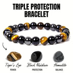 Triple Protection Bracelet with Tiger'S Eye Obsidian Hematite Beads